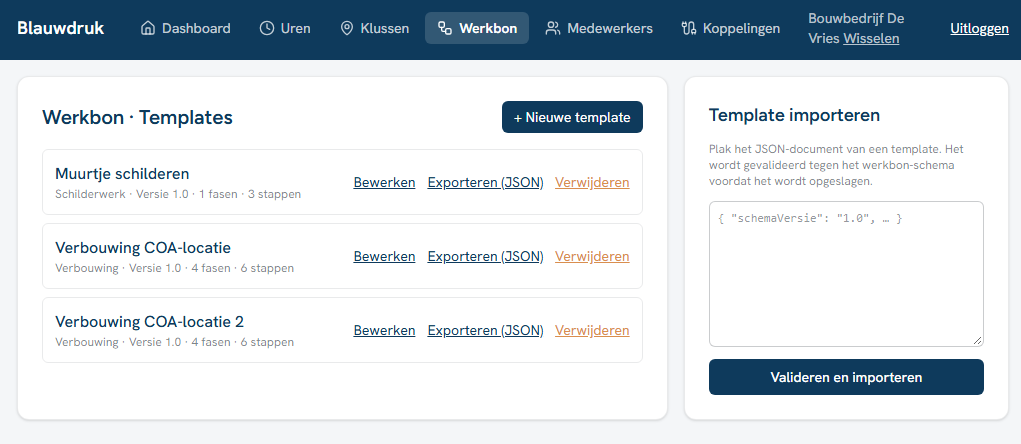 Werkbontemplates voor schilderwerk en een verbouwing met meerdere fasen